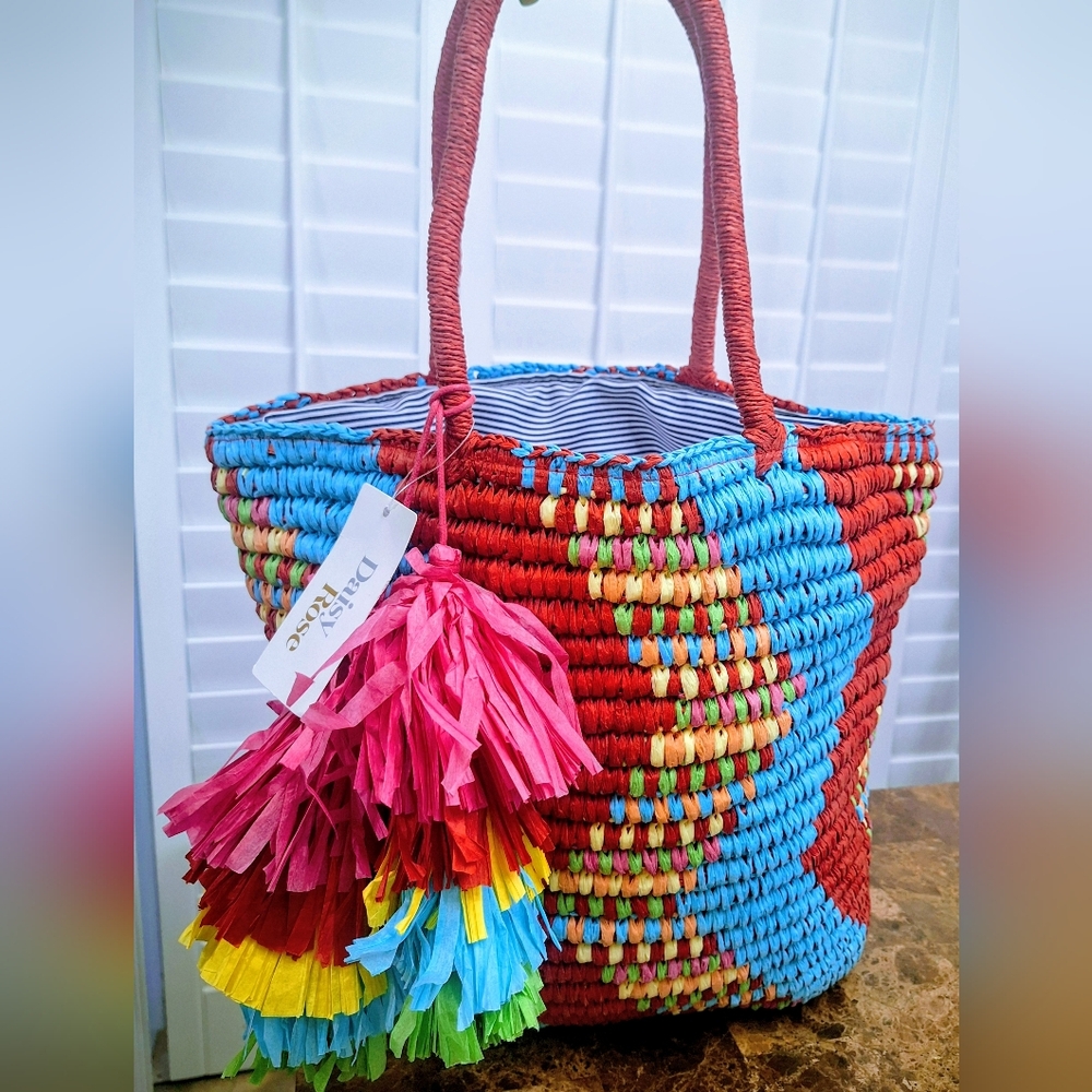 Handwoven Multicolor Straw Tote Bag with P Tassels